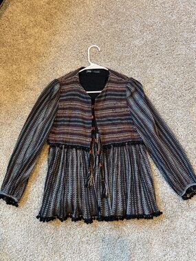 ZARA Black Beaded Boho Jacket with Orange Accents